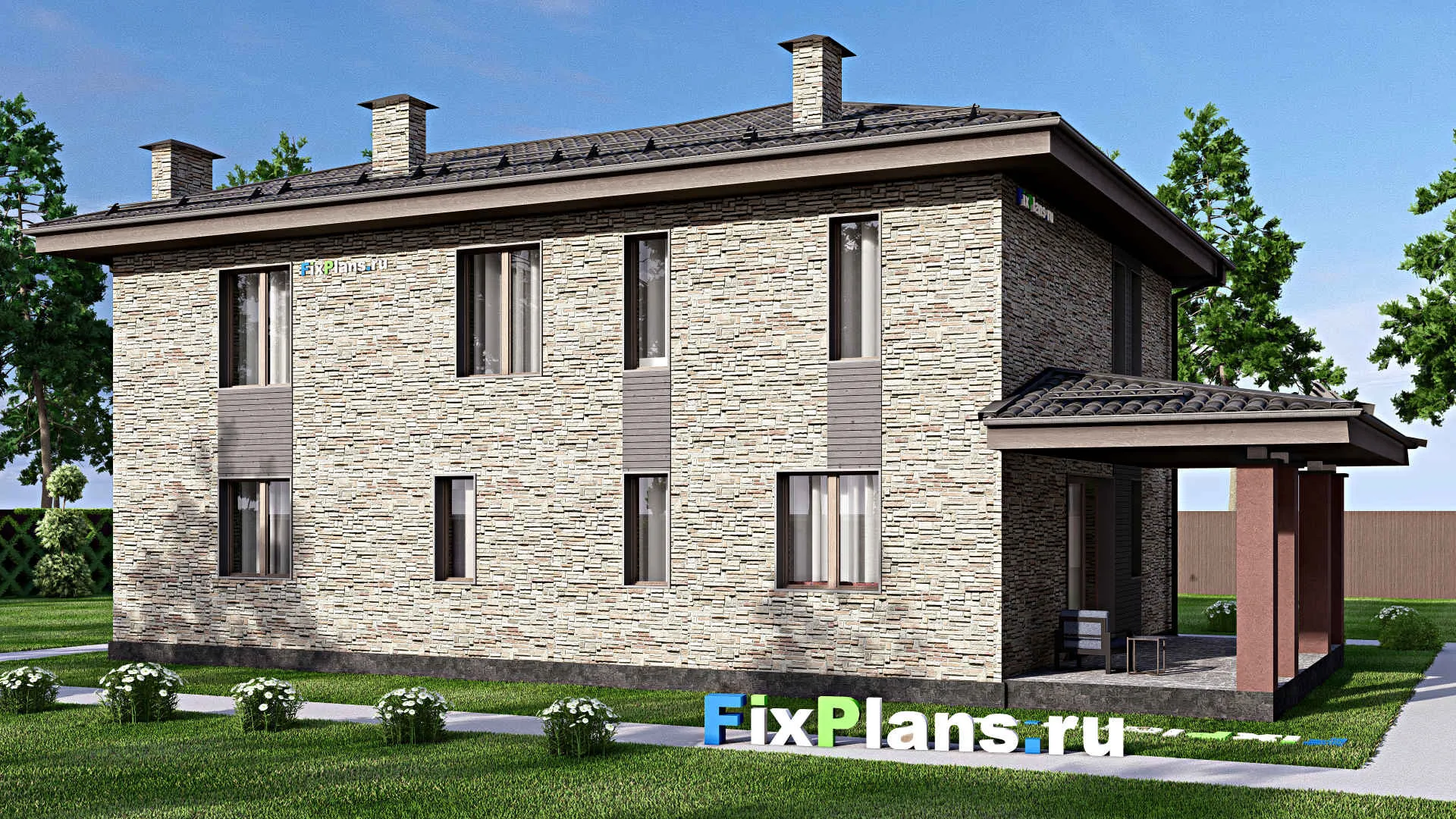 F-12491 - Проект двухэтажного дома 12 на 18, площадью 260 м² с террасой, балконом, гаражом на 1 машину и 3 спальнями