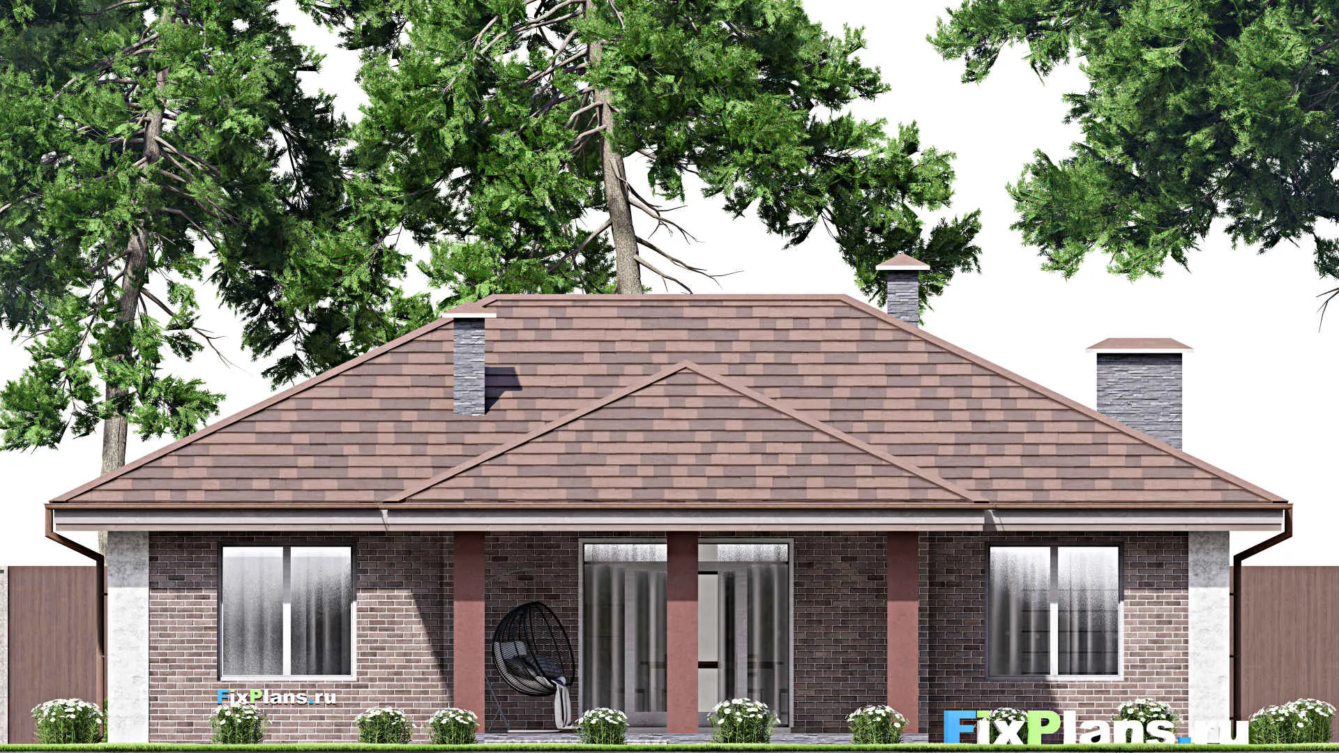 F-14282 - Проект одноэтажного дома 15 на 16, площадью 150 м² с террасой и 3 спальнями