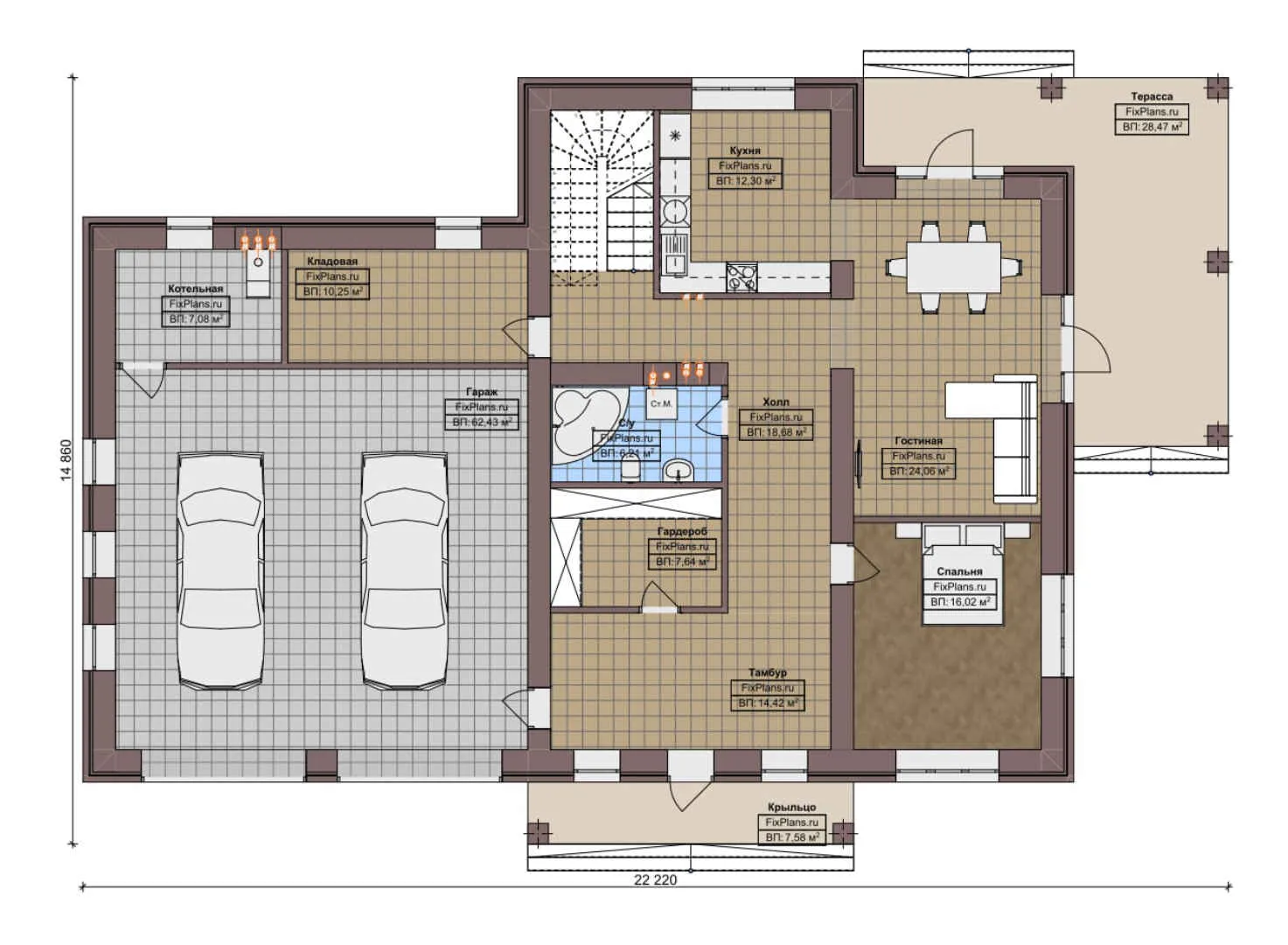 F-6785 - Планы двухэтажного дома 15 на 23, площадью 330 м² с террасой, балконом, гаражом на 2 машины и 4 спальнями