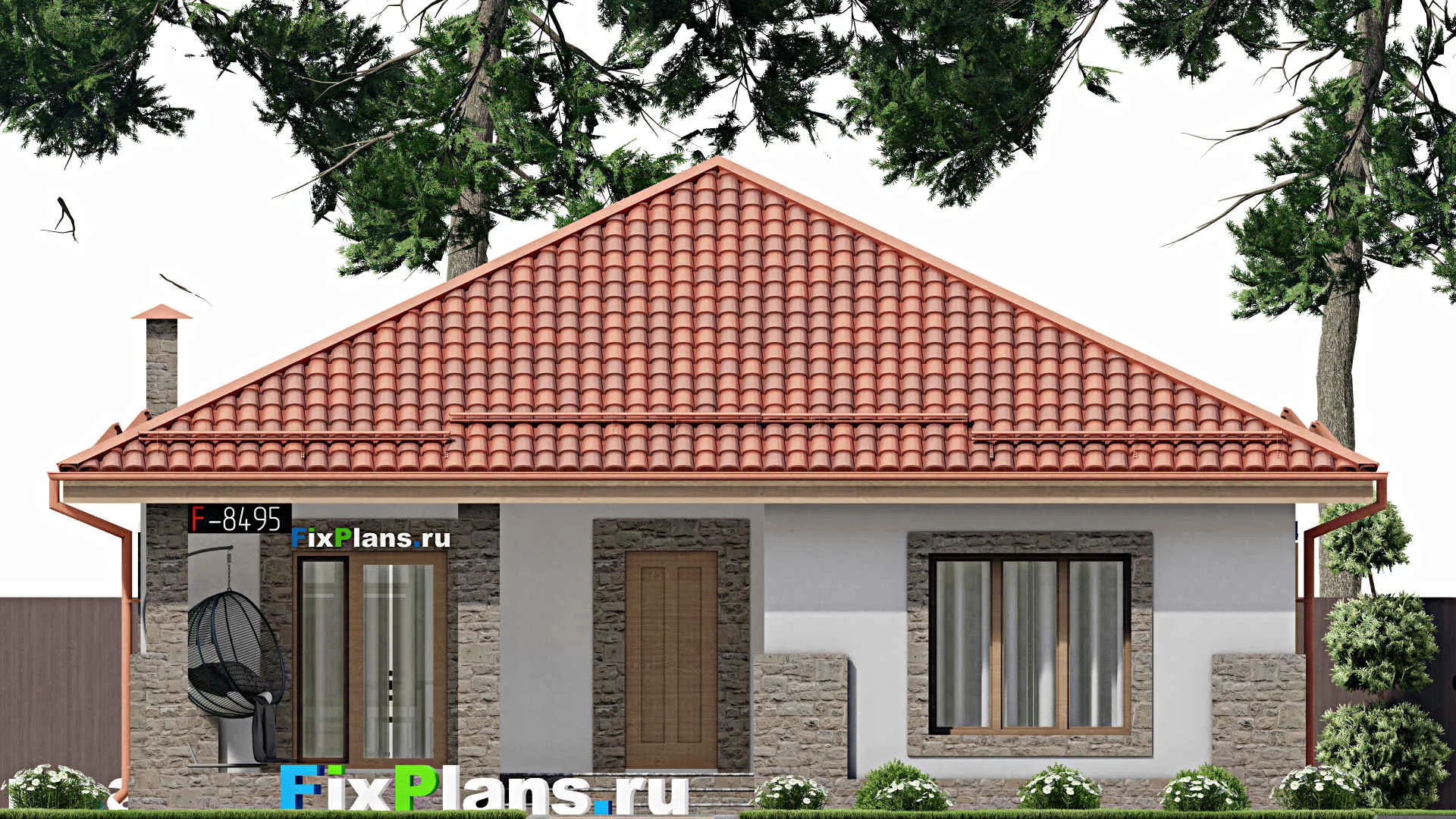 F-8495 - Проект одноэтажного дома 12 на 13, площадью 120 м² с террасой и 3 спальнями