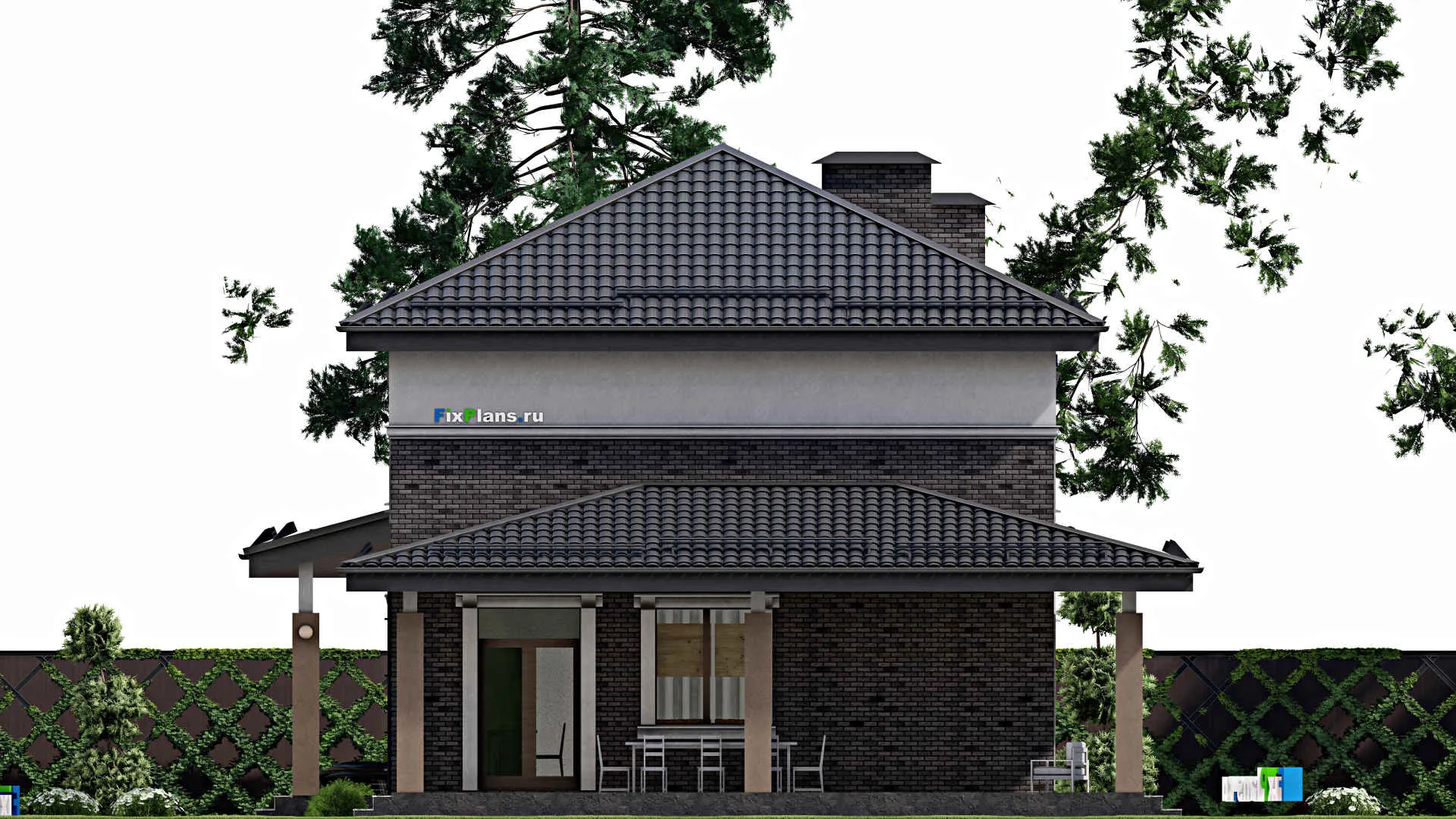 F-10079 - Проект двухэтажного дома 12 на 28, площадью 270 м² с террасой, баней, гаражом на 1 машину и 5 спальнями